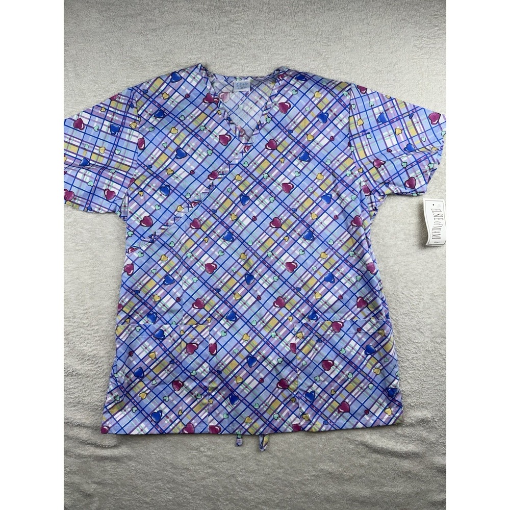 Elsie Of Miami Womens Mock Wrap Tie Back Scrub Top Size Small Pastel Plaid Heart